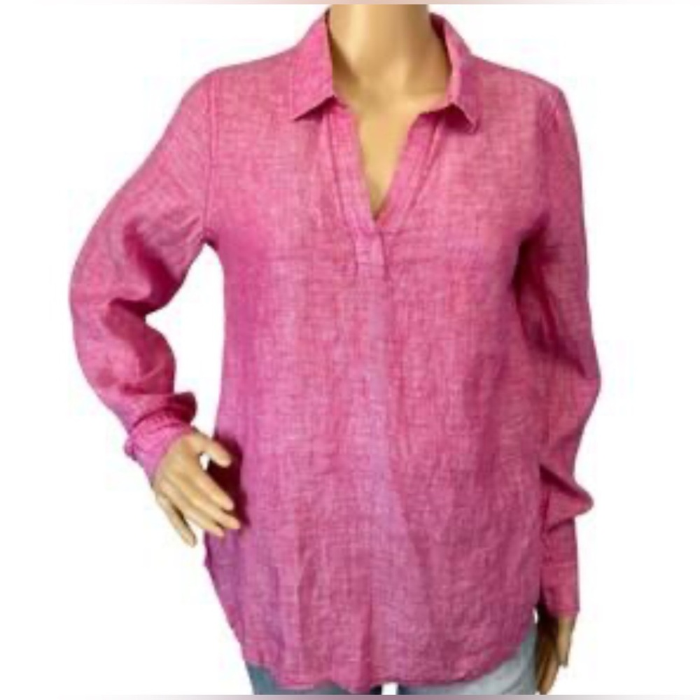 Jones & Co Linen Women's Top Pink L Roll Tab Sleeve Relaxed Career Classic